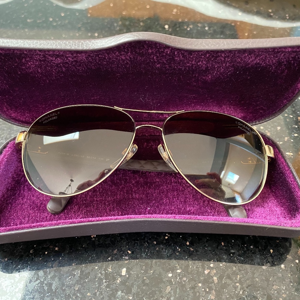 CHANEL Sunglasses Brown Quilt Leather Gold Aviator